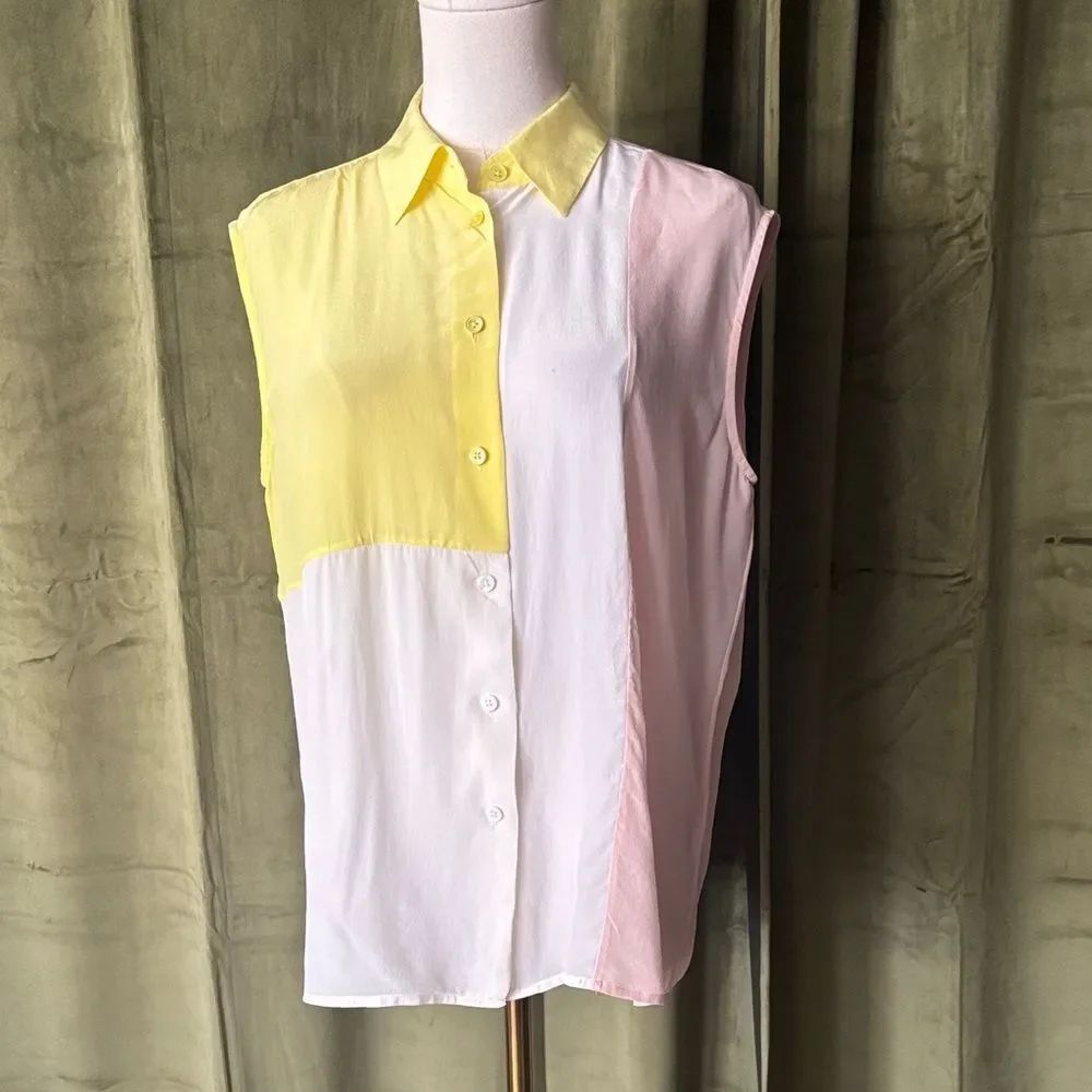 Equipment Yellow and Pink Sleeveless Button-Down silk top, S